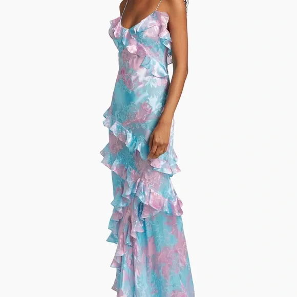 LoveShackFancy Rialto Ruffle Floral Silk-Blend Dress in Cotton Candy Swirl - Picture 2 of 4